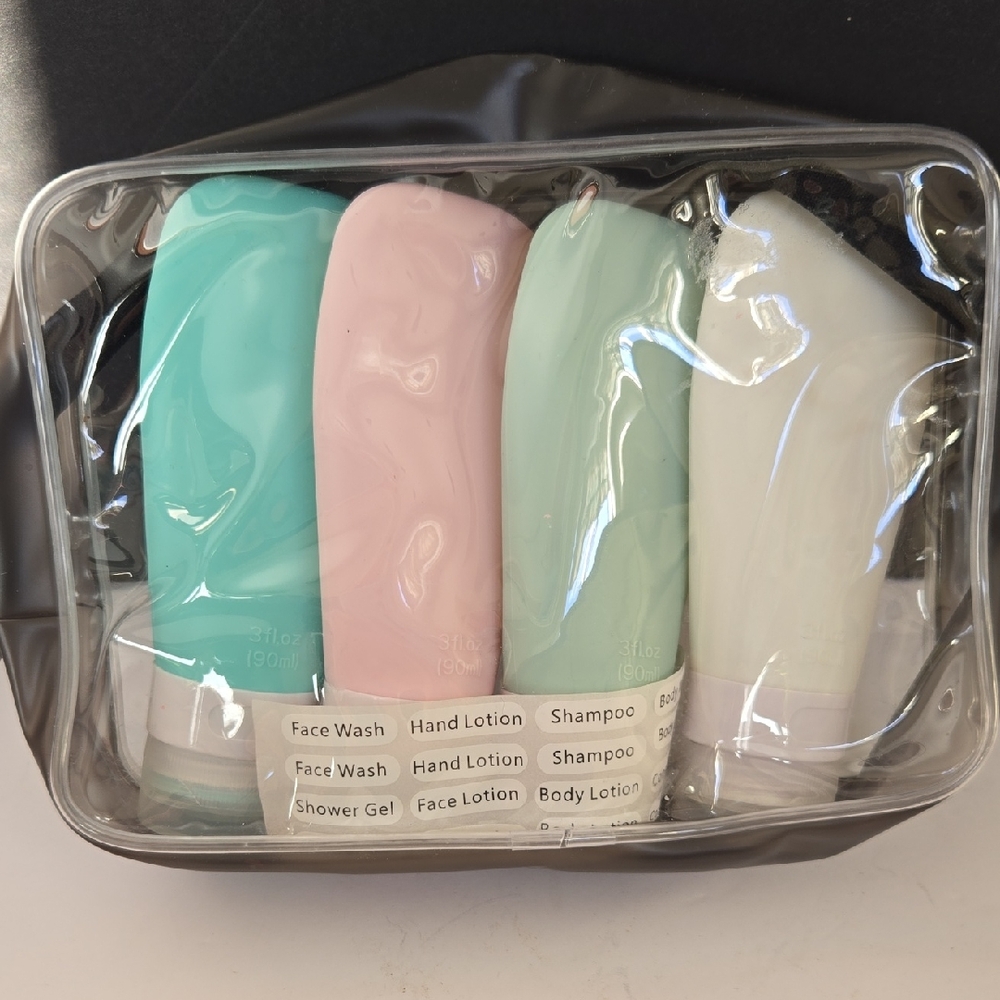 Travel Size Toiletry Bag and 4 Piece 3 oz Soft Refillable Bottles Label Set